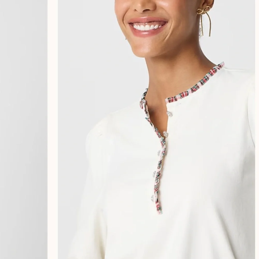 J Crew Factory Long-sleeve tartan and jewels henley top puff sleeves ivory XXL